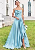 A-line Cowl Neck Sleeveless Floor-Length Stretch Satin Bridesmaid Dresses with Pleated Ruffles Split Lindsay STKP0025270