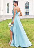 A-line Cowl Neck Sleeveless Floor-Length Stretch Satin Bridesmaid Dresses with Pleated Ruffles Split Lindsay STKP0025270