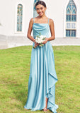 A-line Cowl Neck Sleeveless Floor-Length Stretch Satin Bridesmaid Dresses with Pleated Ruffles Split Lindsay STKP0025270