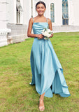 A-line Cowl Neck Sleeveless Floor-Length Stretch Satin Bridesmaid Dresses with Pleated Ruffles Split Lindsay STKP0025270