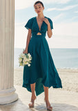 A-line V Neck Short Sleeve Asymmetrical Stretch Satin Bridesmaid Dresses with Bowknot Sashes Kaila STKP0025272