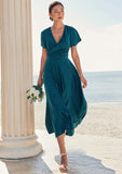 A-line V Neck Short Sleeve Asymmetrical Stretch Satin Bridesmaid Dresses with Bowknot Sashes Kaila STKP0025272