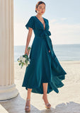 A-line V Neck Short Sleeve Asymmetrical Stretch Satin Bridesmaid Dresses with Bowknot Sashes Kaila STKP0025272