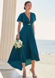 A-line V Neck Short Sleeve Asymmetrical Stretch Satin Bridesmaid Dresses with Bowknot Sashes Kaila STKP0025272