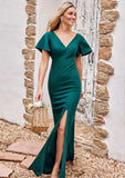 Trumpet/Mermaid V Neck Short Sleeve Stretch Crepe Floor-Length Bridesmaid Dresses with Split Marlene STKP0025273