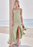 Sheath/Column Cowl Neck Sleeveless Ankle-Length Stretch Satin Bridesmaid Dresses with Split Sanai STKP0025275