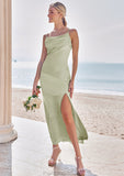 Sheath/Column Cowl Neck Sleeveless Ankle-Length Stretch Satin Bridesmaid Dresses with Split Sanai STKP0025275