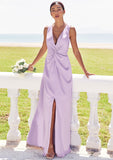 A-line V Neck Sleeveless Floor-Length Stretch Satin Bridesmaid Dresses with Pleated Split Mercedes STKP0025276