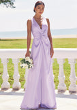 A-line V Neck Sleeveless Floor-Length Stretch Satin Bridesmaid Dresses with Pleated Split Mercedes STKP0025276