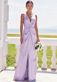 A-line V Neck Sleeveless Floor-Length Stretch Satin Bridesmaid Dresses with Pleated Split Mercedes STKP0025276