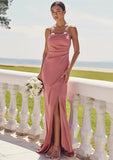 Sheath/Column Square Neckline Sleeveless Floor-Length Stretch Satin Bridesmaid Dresses with Pleated Split Saige STKP0025277