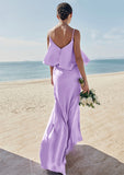 Sheath/Column V Neck Sleeveless Floor-Length Stretch Satin Bridesmaid Dresses with Ruffles Aubrie STKP0025278