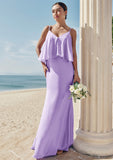 Sheath/Column V Neck Sleeveless Floor-Length Stretch Satin Bridesmaid Dresses with Ruffles Aubrie STKP0025278