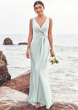 Sheath/Column V Neck Sleeveless Floor-Length Stretch Satin Bridesmaid Dresses with Pleated Split Dayana STKP0025279