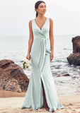 Sheath/Column V Neck Sleeveless Floor-Length Stretch Satin Bridesmaid Dresses with Pleated Split Dayana STKP0025279