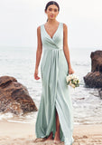 Sheath/Column V Neck Sleeveless Floor-Length Stretch Satin Bridesmaid Dresses with Pleated Split Dayana STKP0025279