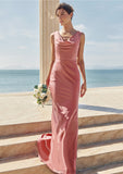 Trumpet/Mermaid Cowl Neck Sleeveless Floor-Length Stretch Satin Bridesmaid Dresses with Sashes Ivy STKP0025281