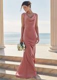 Trumpet/Mermaid Cowl Neck Sleeveless Floor-Length Stretch Satin Bridesmaid Dresses with Sashes Ivy STKP0025281