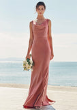 Trumpet/Mermaid Cowl Neck Sleeveless Floor-Length Stretch Satin Bridesmaid Dresses with Sashes Ivy STKP0025281