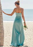 Sheath/Column Square Neckline Sleeveless Floor-Length Stretch Satin Bridesmaid Dresses with Pleated Split Justine STKP0025282