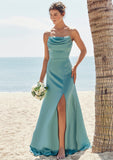 Sheath/Column Square Neckline Sleeveless Floor-Length Stretch Satin Bridesmaid Dresses with Pleated Split Justine STKP0025282