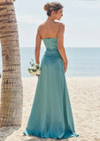 Sheath/Column Square Neckline Sleeveless Floor-Length Stretch Satin Bridesmaid Dresses with Pleated Split Justine STKP0025282