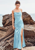 Trumpet/Mermaid Cowl Neck Sleeveless Floor-Length Stretch Satin Bridesmaid Dresses with Pleated Split LuLu STKP0025283