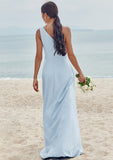 A-line One-Shoulder Sleeveless Floor-Length Stretch Crepe Bridesmaid Dresses with Pleated Split Annika STKP0025284