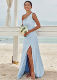 A-line One-Shoulder Sleeveless Floor-Length Stretch Crepe Bridesmaid Dresses with Pleated Split Annika STKP0025284