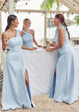 A-line One-Shoulder Sleeveless Floor-Length Stretch Crepe Bridesmaid Dresses with Pleated Split Annika STKP0025284