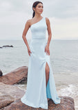 A-line One-Shoulder Sleeveless Floor-Length Stretch Satin Bridesmaid Dresses with Split Helena STKP0025285