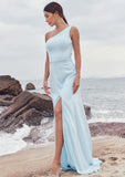 A-line One-Shoulder Sleeveless Floor-Length Stretch Satin Bridesmaid Dresses with Split Helena STKP0025285