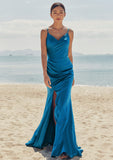 Trumpet/Mermaid V Neck Sleeveless Floor-Length Stretch Satin Bridesmaid Dresses with Pleated Split Ximena STKP0025286