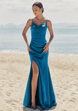 Trumpet/Mermaid V Neck Sleeveless Floor-Length Stretch Satin Bridesmaid Dresses with Pleated Split Ximena STKP0025286