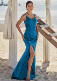 Trumpet/Mermaid V Neck Sleeveless Floor-Length Stretch Satin Bridesmaid Dresses with Pleated Split Ximena STKP0025286