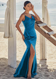 Trumpet/Mermaid V Neck Sleeveless Floor-Length Stretch Satin Bridesmaid Dresses with Pleated Split Ximena STKP0025286