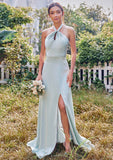 A-line Halter Sleeveless Floor-Length Stretch Satin Bridesmaid Dresses with Split Mollie STKP0025287