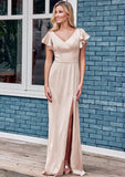 Sheath/Column V Neck Short Sleeve Floor-Length Stretch Satin Bridesmaid Dresses with Ruffles Split Alayna STKP0025290