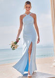 Sheath/Column Halter Sleeveless Floor-Length Stretch Crepe Bridesmaid Dresses with Split Dayana STKP0025291