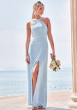 Sheath/Column Halter Sleeveless Floor-Length Stretch Crepe Bridesmaid Dresses with Split Dayana STKP0025291