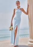 Sheath/Column Halter Sleeveless Floor-Length Stretch Crepe Bridesmaid Dresses with Split Dayana STKP0025291