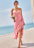 A-line V Neck Sleeveless Asymmetrical Stretch Satin Bridesmaid Dresses with Sashes Ruffles Tessa STKP0025292