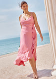 A-line V Neck Sleeveless Asymmetrical Stretch Satin Bridesmaid Dresses with Sashes Ruffles Tessa STKP0025292