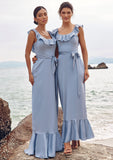 Sheath/Column Scoop Neck Sleeveless Floor-Length Stretch Satin Bridesmaid Dresses with Sashes Ruffles Amaya STKP0025293