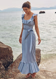 Sheath/Column Scoop Neck Sleeveless Floor-Length Stretch Satin Bridesmaid Dresses with Sashes Ruffles Amaya STKP0025293