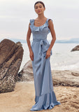 Sheath/Column Scoop Neck Sleeveless Floor-Length Stretch Satin Bridesmaid Dresses with Sashes Ruffles Amaya STKP0025293