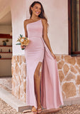 Sheath/Column One-Shoulder Sleeveless Floor-Length Stretch Crepe Bridesmaid Dresses with Side Draping Split Gabrielle STKP0025295