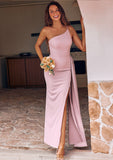 Sheath/Column One-Shoulder Sleeveless Floor-Length Stretch Crepe Bridesmaid Dresses with Side Draping Split Gabrielle STKP0025295