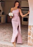 Sheath/Column One-Shoulder Sleeveless Floor-Length Stretch Crepe Bridesmaid Dresses with Side Draping Split Gabrielle STKP0025295