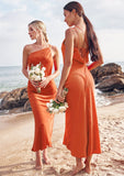 Sheath/Column One-Shoulder Sleeveless Tea-Length Stretch Satin Bridesmaid Dresses with Pleated .co.uk Janet STKP0025297